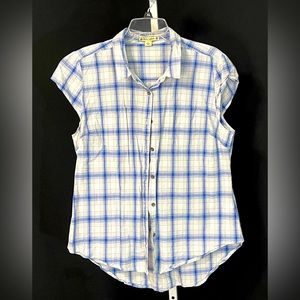 Large Button Down collard top w Lg arm holes Cute blue pink & teal plaid design